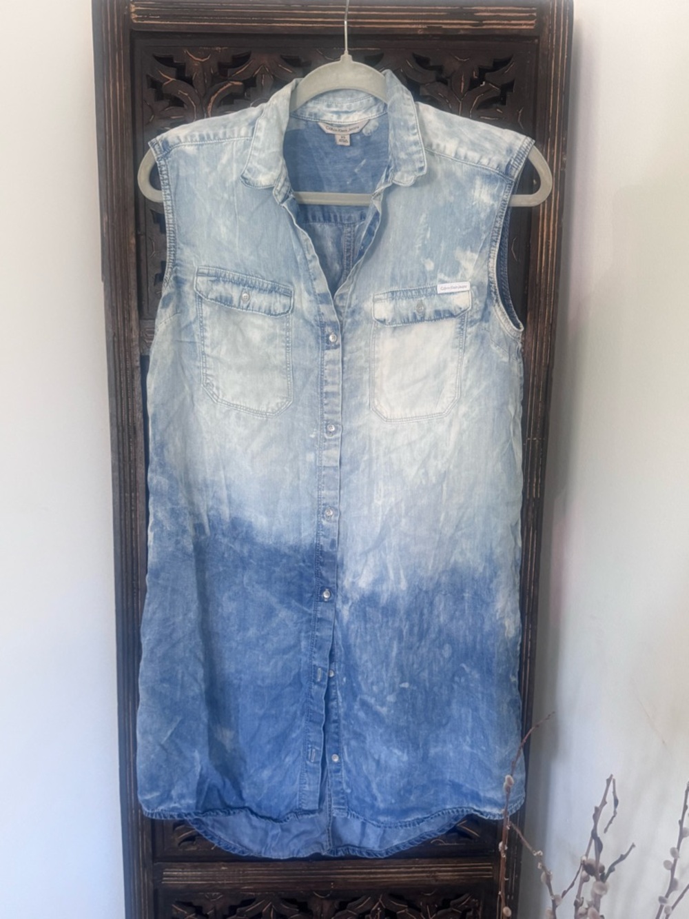 Calvin Klein Jeans Sleeveless Dip-Dye Denim Mini Dress in Light Blue and Indigo